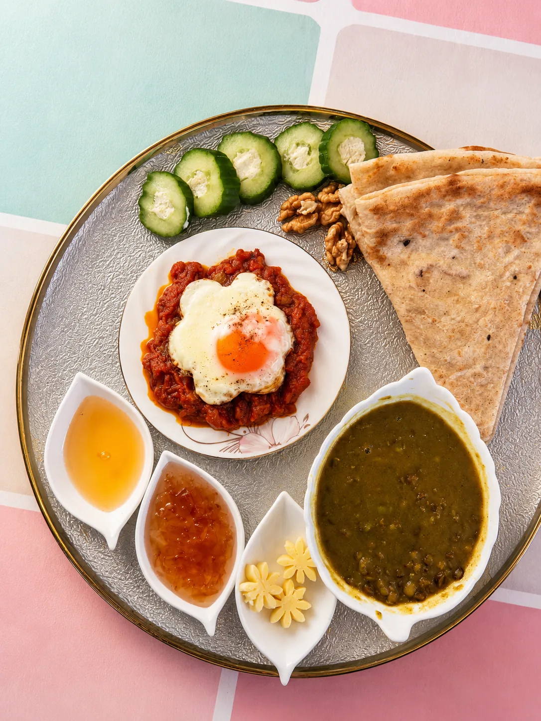 Persian breakfast plate with eggs, fresh accompaniments and warm bread